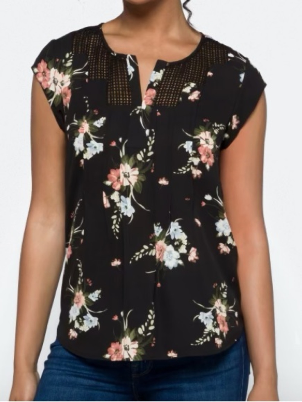 Daniel Rainn Black Floral Lace Yoke Blouse